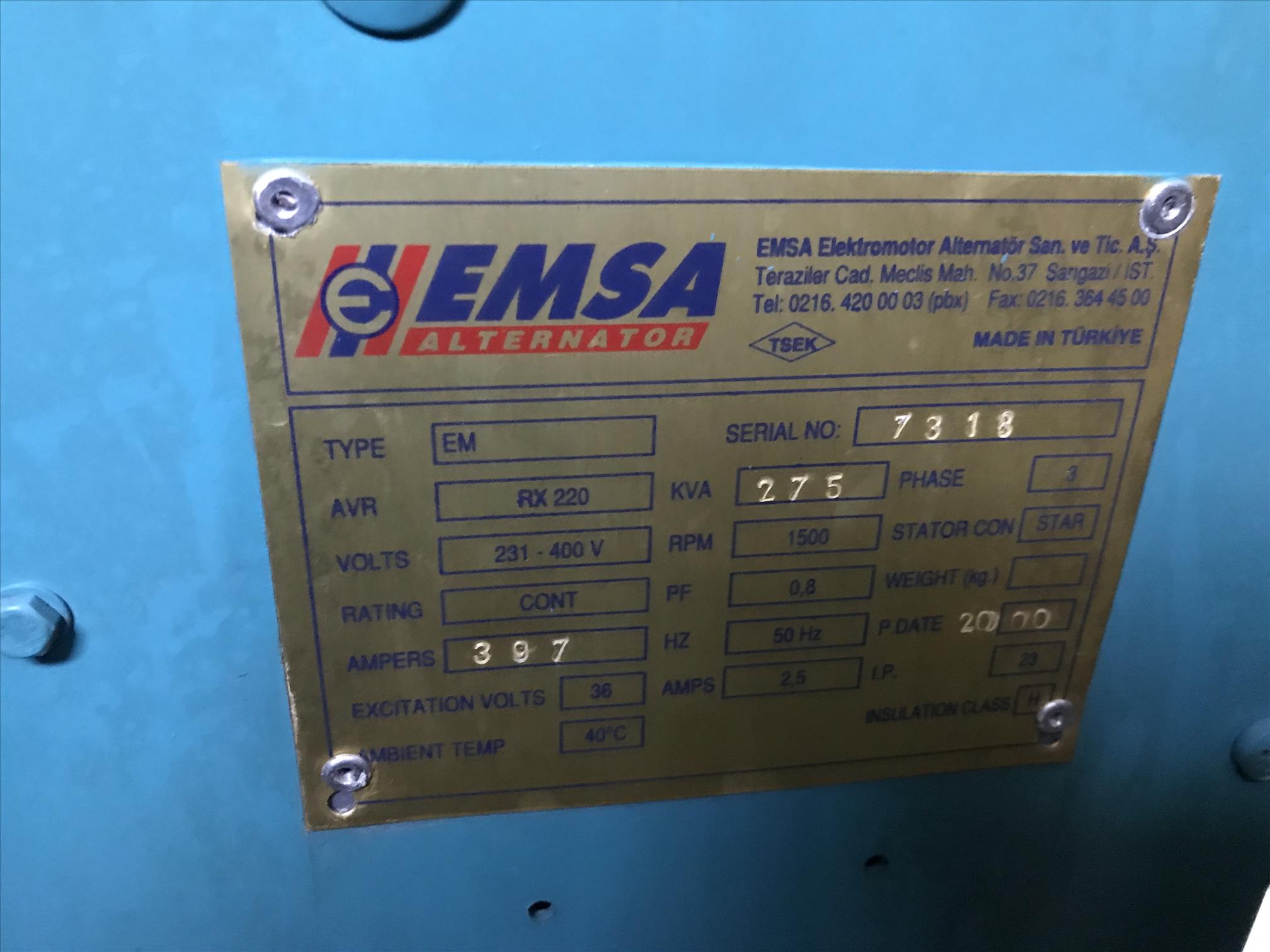 Emsa 275 kVA, Perkins Engine, 2000 Model, 380 Hours, Canopy 